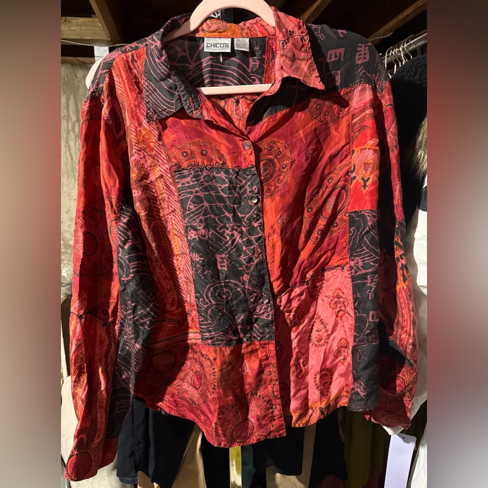 Chico's Vibrant Red and Black Patterned Button Down Shirt